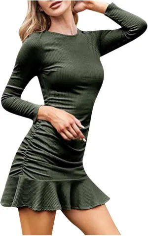 Women Fall Dresses Long Sleeve Ruched Ruffle Mini Dress Casual Knitted Sweater Dress 2024 Trendy Clothing