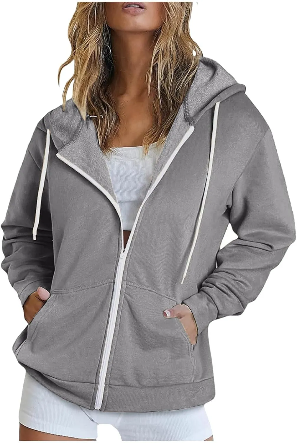 Women Fall Oversized Hoodies Solid Color Sweatshirts Full-Zipper Long Sleeve Pullover Tops with Pockets