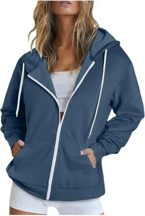 Women Fall Oversized Hoodies Solid Color Sweatshirts Full-Zipper Long Sleeve Pullover Tops with Pockets
