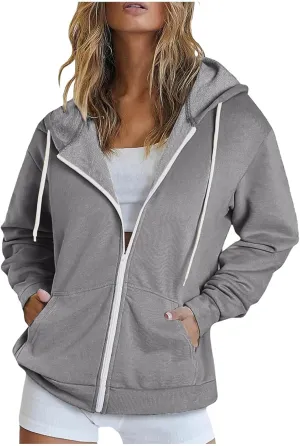 Women Fall Oversized Hoodies Solid Color Sweatshirts Full-Zipper Long Sleeve Pullover Tops with Pockets