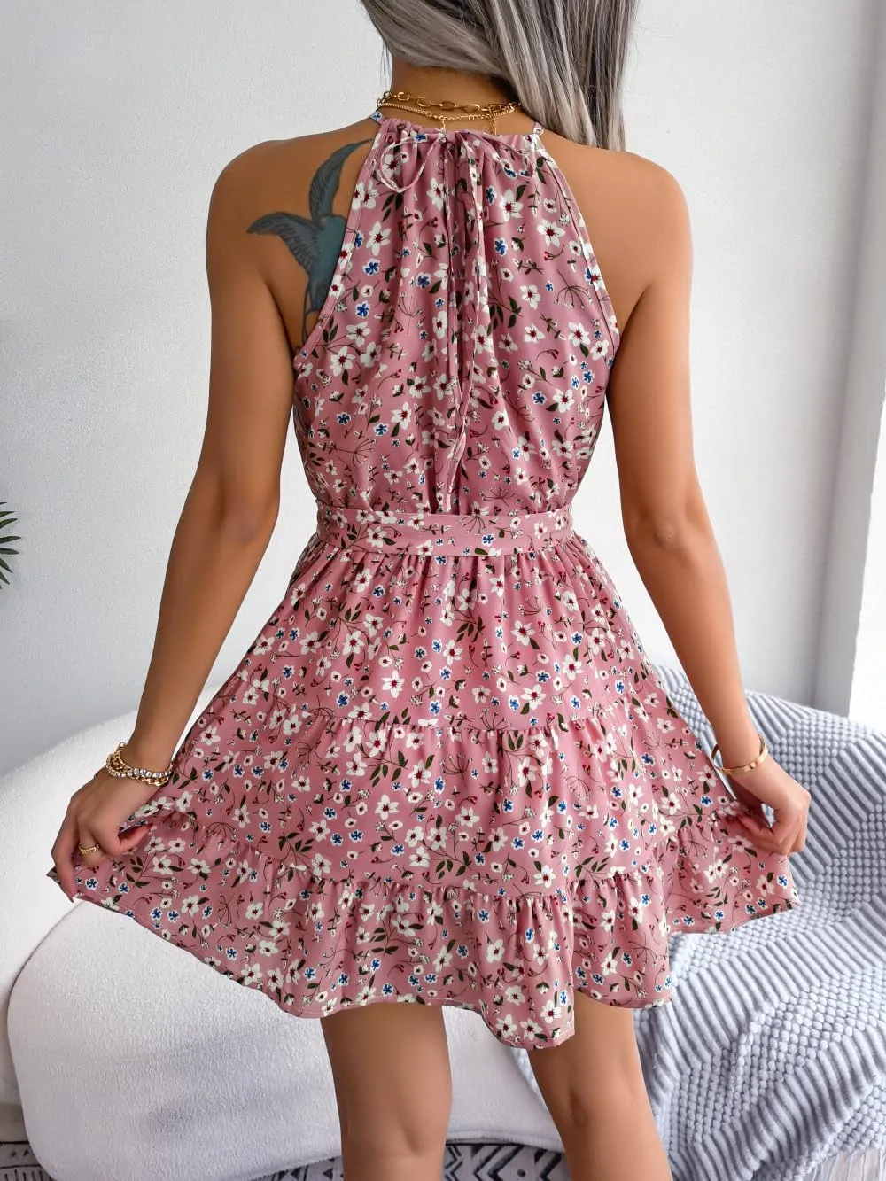 Women Halter Summer Dresses Casual Sleeveless Floral Ruffle Mini Boho Beach Sun Dress