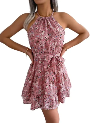 Women Halter Summer Dresses Casual Sleeveless Floral Ruffle Mini Boho Beach Sun Dress