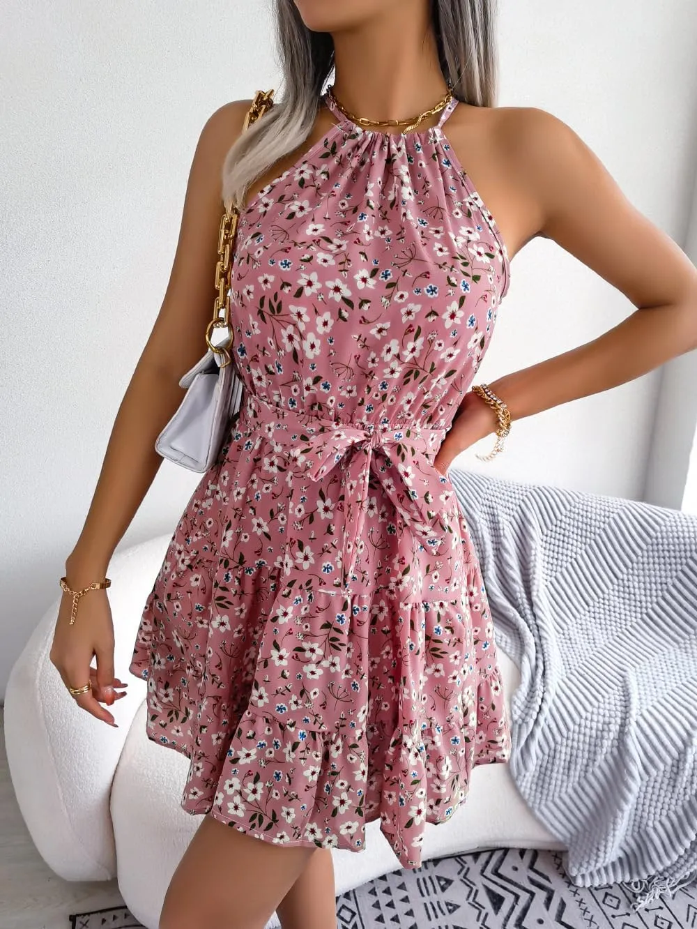 Women Halter Summer Dresses Casual Sleeveless Floral Ruffle Mini Boho Beach Sun Dress