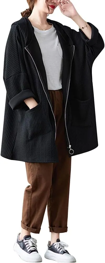 Women Oversized Zip up Loose Hoodies Pockets Autumn Winter Sweatshirt