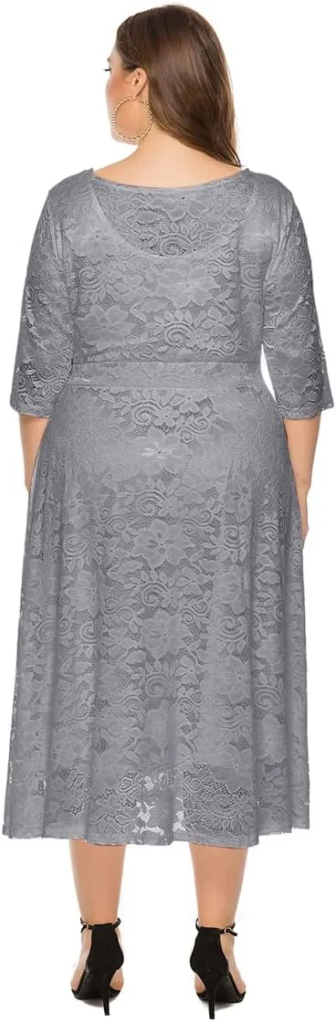 Women Plus Size Summer Dresses Lace Round Neck Midi Party Wedding Dresses