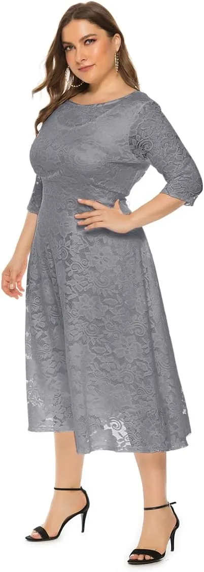 Women Plus Size Summer Dresses Lace Round Neck Midi Party Wedding Dresses