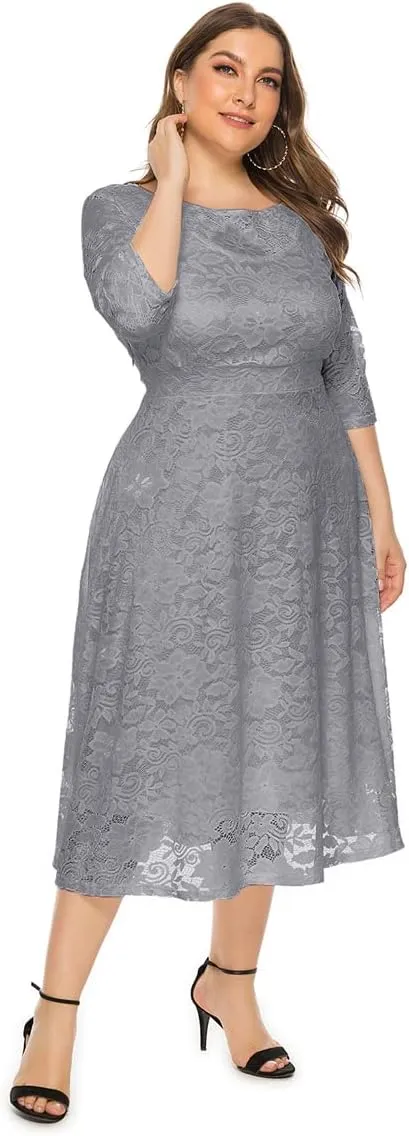 Women Plus Size Summer Dresses Lace Round Neck Midi Party Wedding Dresses