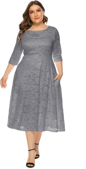 Women Plus Size Summer Dresses Lace Round Neck Midi Party Wedding Dresses