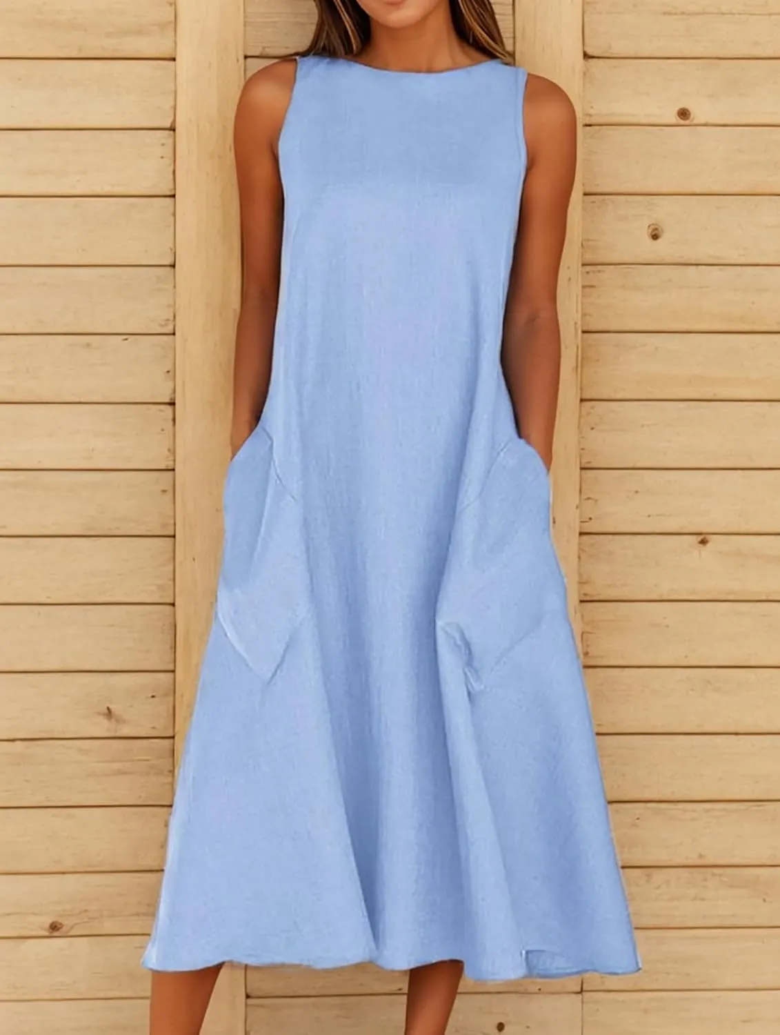 Women Summer Linen Sun Dress Casual Sleeveless Crewneck Flowy Shift Maxi Dress Loose Beach Dresses with Pocket