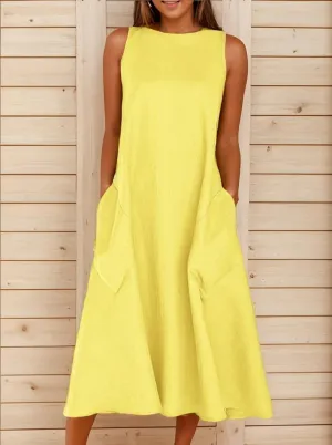 Women Summer Linen Sun Dress Casual Sleeveless Crewneck Flowy Shift Maxi Dress Loose Beach Dresses with Pocket