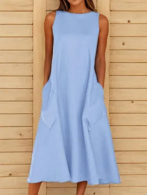 Women Summer Linen Sun Dress Casual Sleeveless Crewneck Flowy Shift Maxi Dress Loose Beach Dresses with Pocket