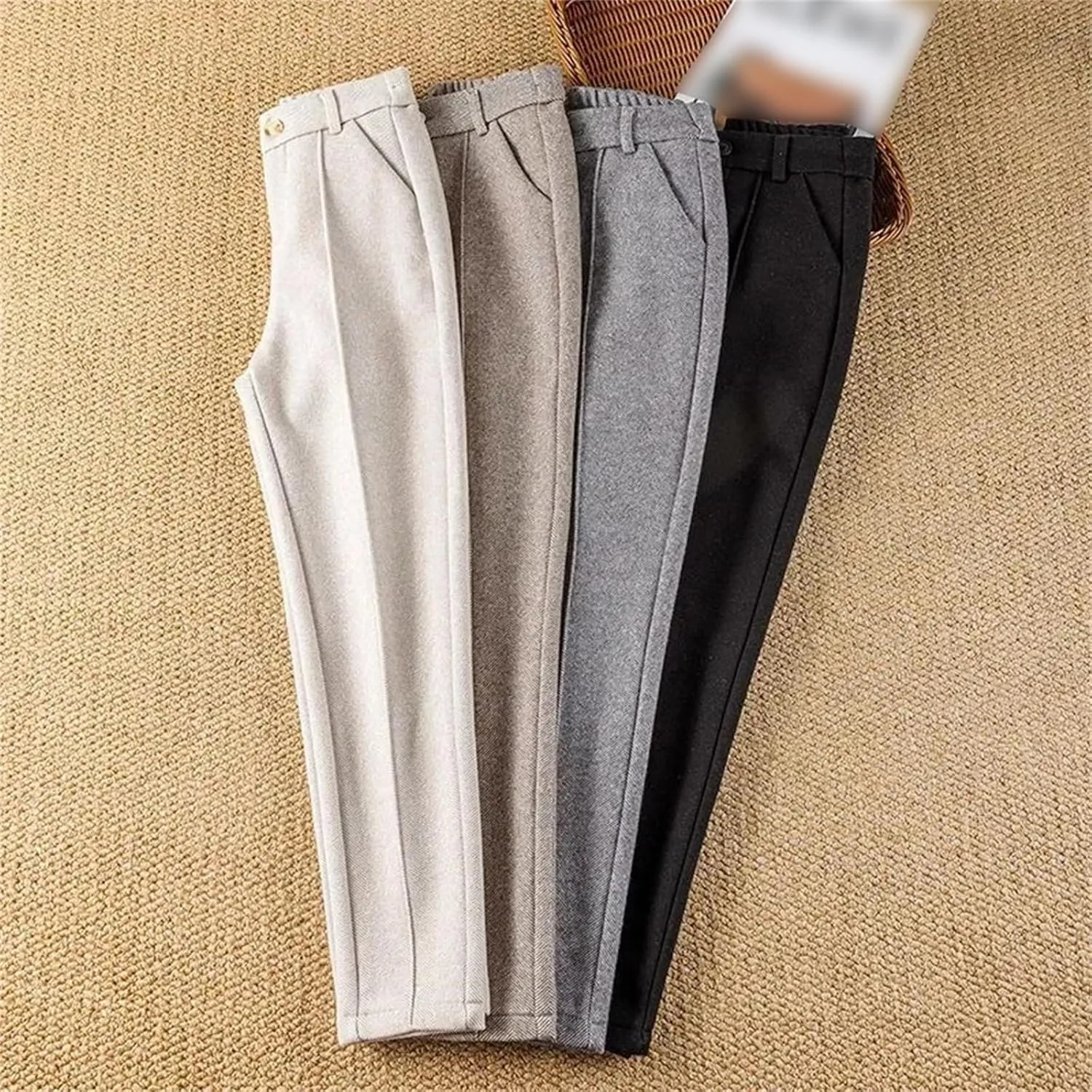 Women Wool Thick Pants Fall Winter High Waist Fleece Pant Slim Fit Warm Casual Pencil Trousers