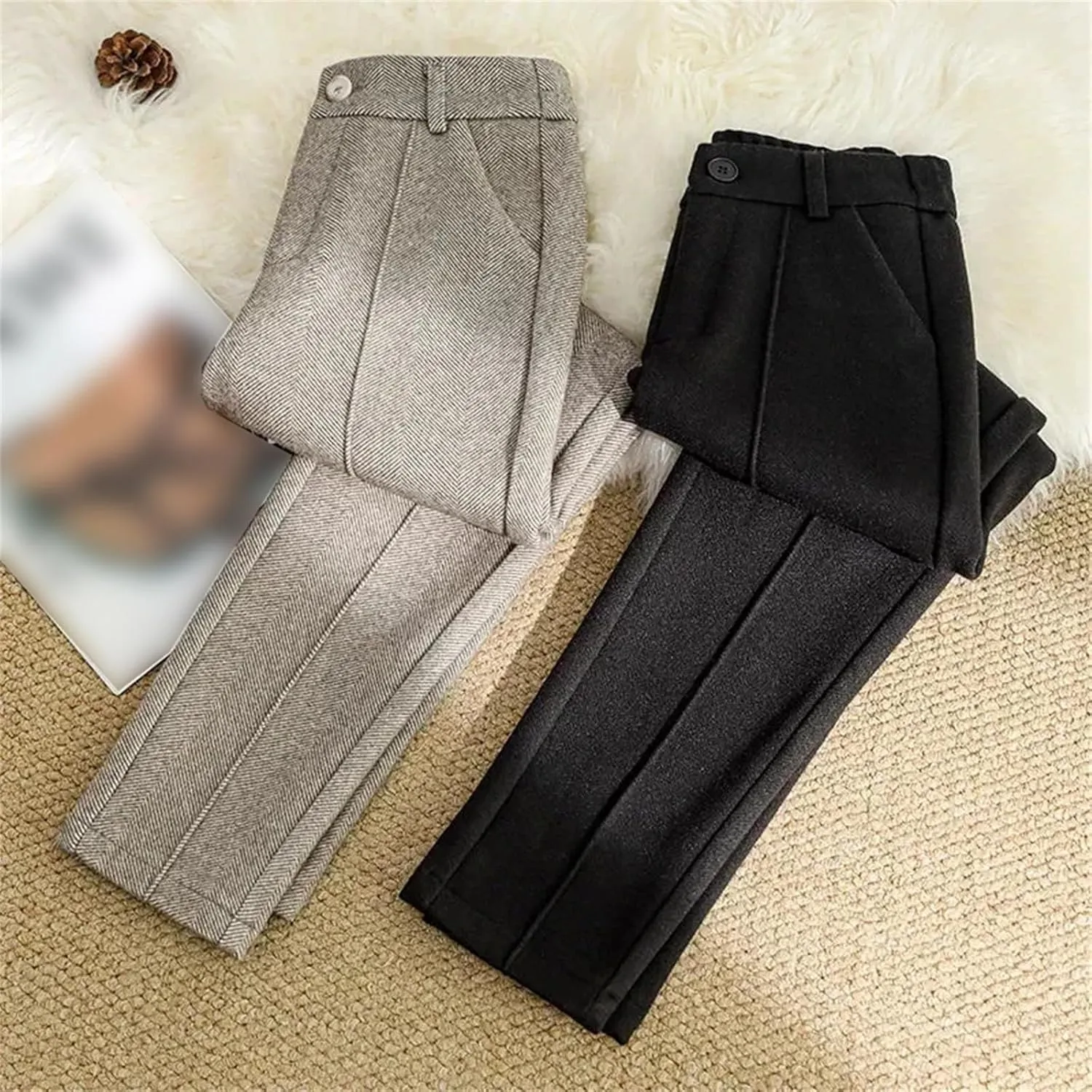 Women Wool Thick Pants Fall Winter High Waist Fleece Pant Slim Fit Warm Casual Pencil Trousers