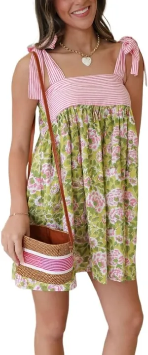 Womens Boho Floral Mini Dress Cottagecore Cute Tie Shoulder Spaghetti Strap Summer A Line Coquette Aesthetic Sundresses