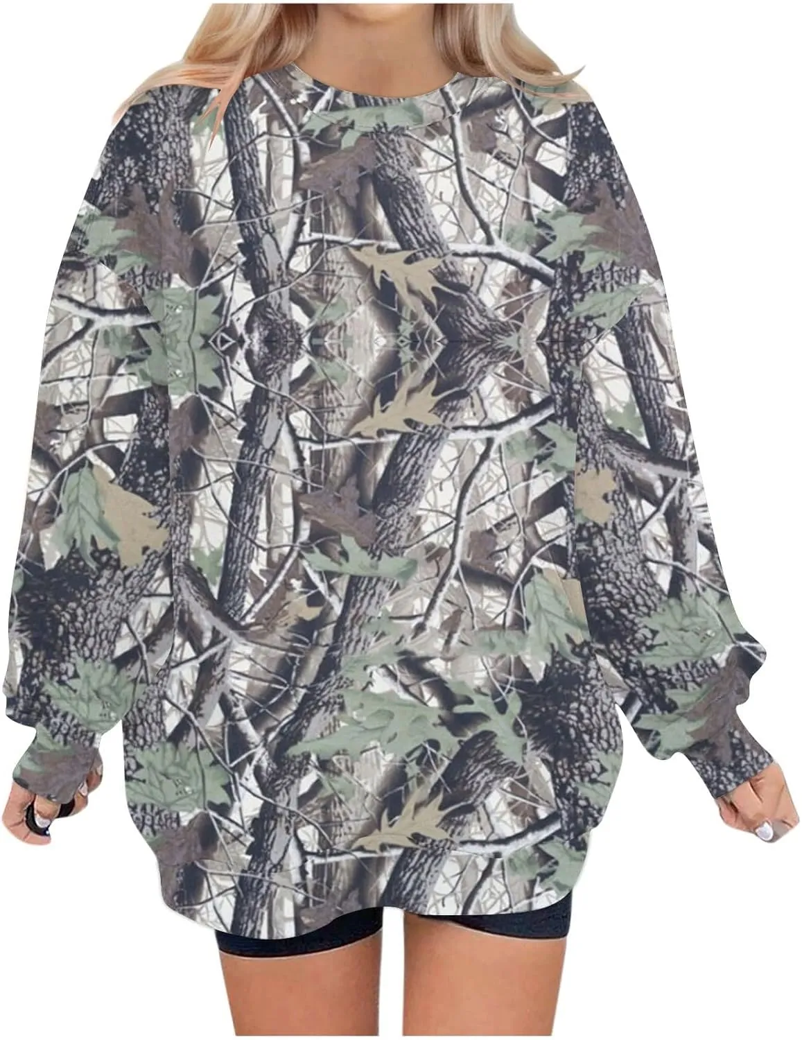 Women's Camo Sweatshirt Maple-Leaf Print Oversized Sweatshirt Fleece Crewneck Shirts Casual Fall Pullover Tops
