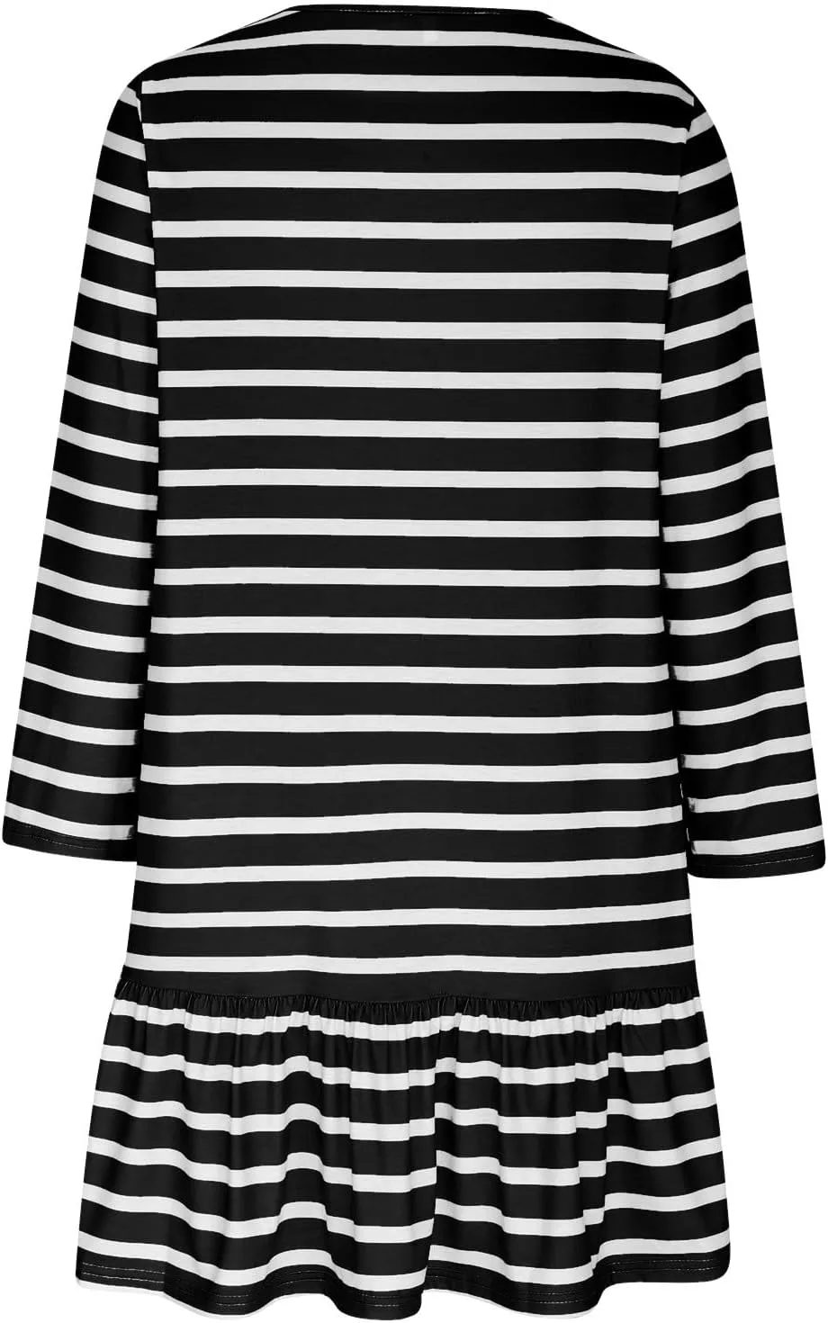 Womens Casual Fall Dresses Striped Print Ruffle Hem Short Dresses Loose Fitting Round Neck Mini Dresses with Pockets