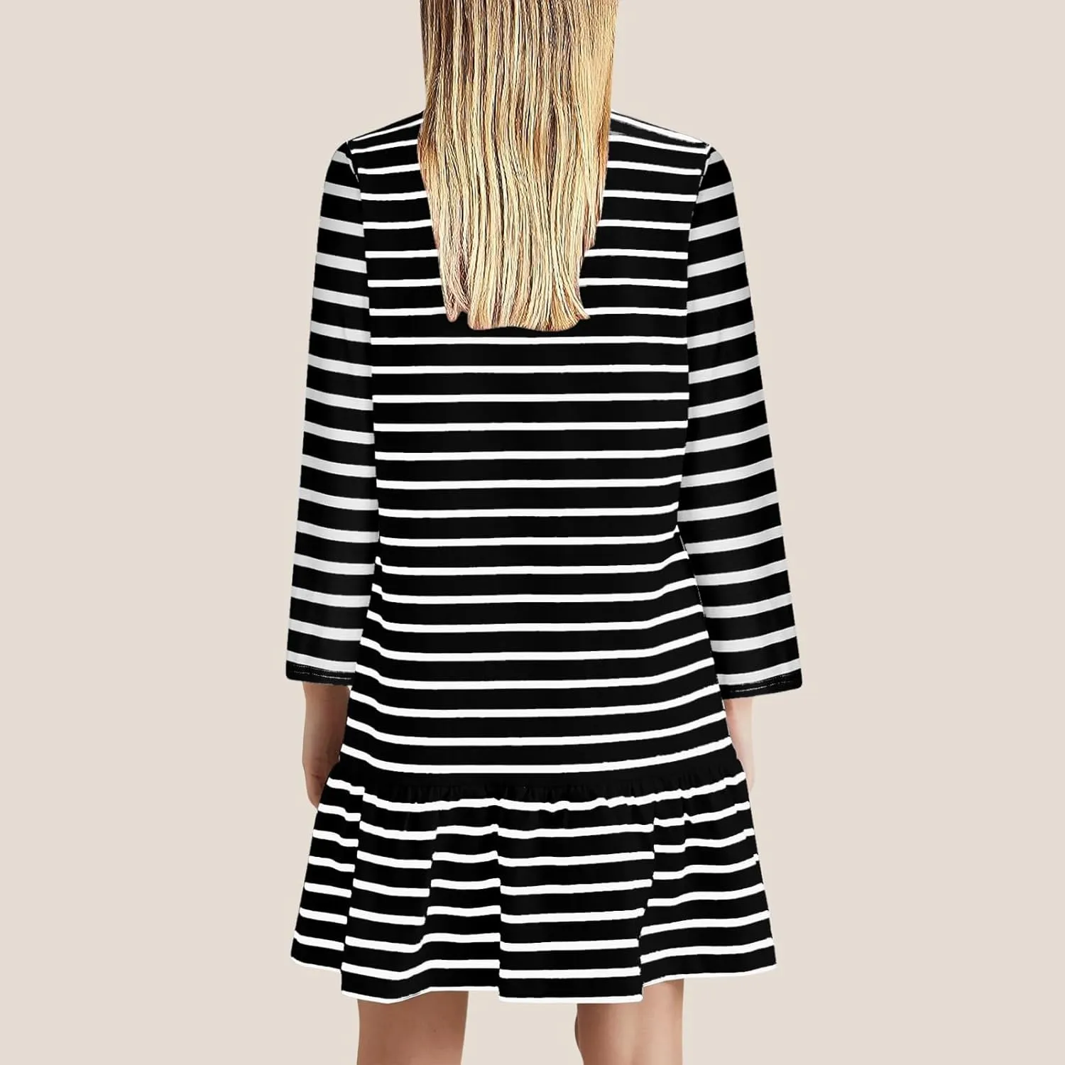 Womens Casual Fall Dresses Striped Print Ruffle Hem Short Dresses Loose Fitting Round Neck Mini Dresses with Pockets