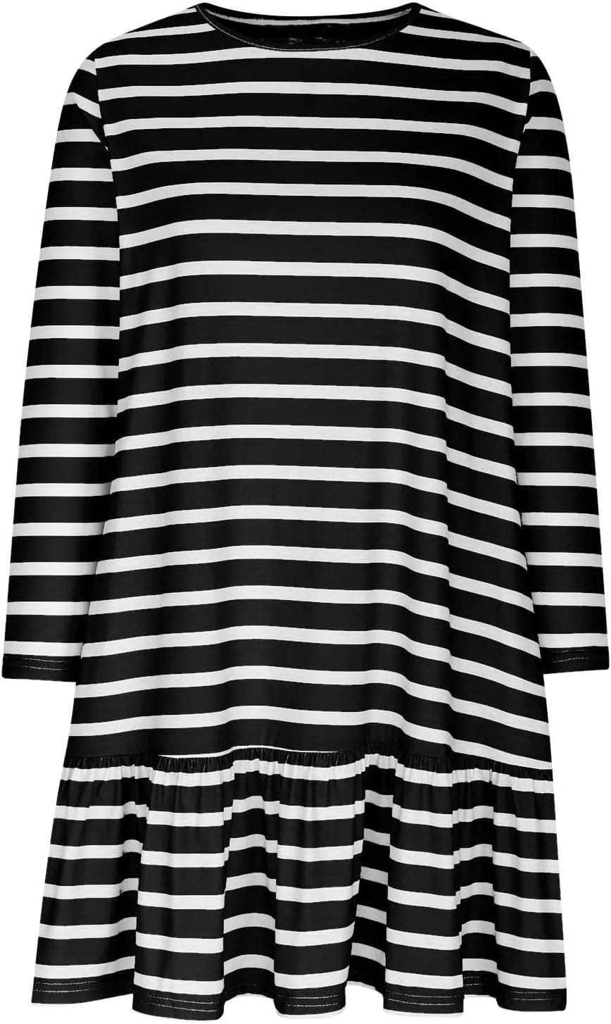 Womens Casual Fall Dresses Striped Print Ruffle Hem Short Dresses Loose Fitting Round Neck Mini Dresses with Pockets