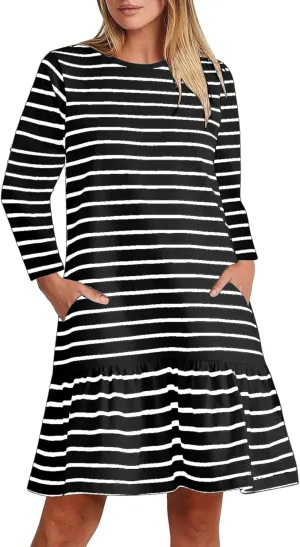Womens Casual Fall Dresses Striped Print Ruffle Hem Short Dresses Loose Fitting Round Neck Mini Dresses with Pockets