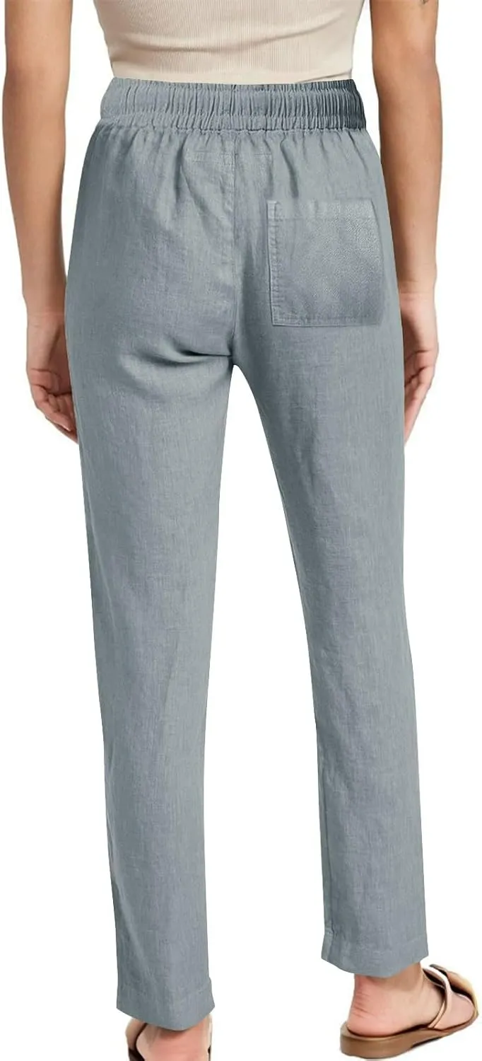 Womens Casual Linen Trousers High Waist Loose Comfy Beach Pants Straight Leg Summer Vacation Pant with Multi Pockets