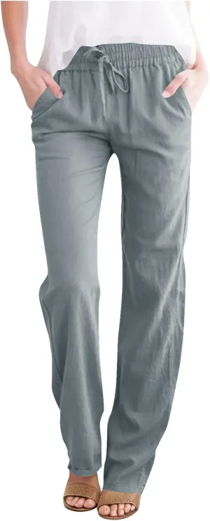 Womens Casual Linen Trousers High Waist Loose Comfy Beach Pants Straight Leg Summer Vacation Pant with Multi Pockets