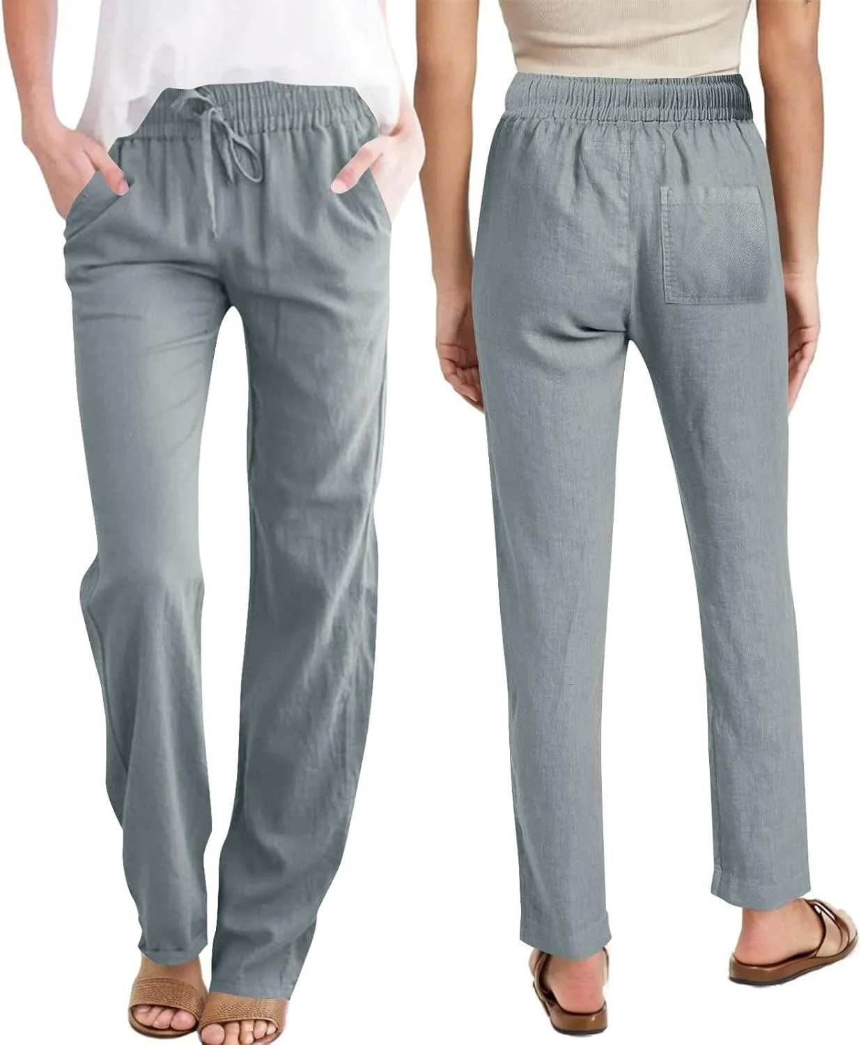 Womens Casual Linen Trousers High Waist Loose Comfy Beach Pants Straight Leg Summer Vacation Pant with Multi Pockets