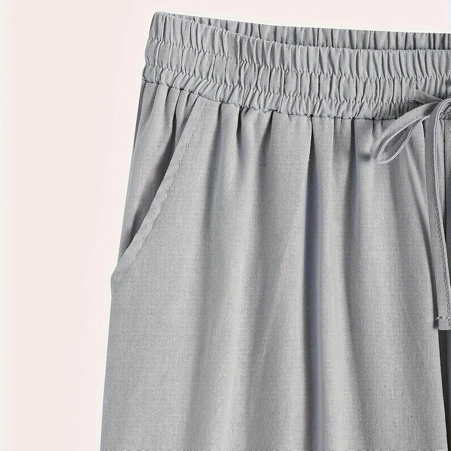 Womens Causal Loose Linen Pants Drawstring Elastic Waist Tapered Pants Button Solid Casual Trousers with Pockets