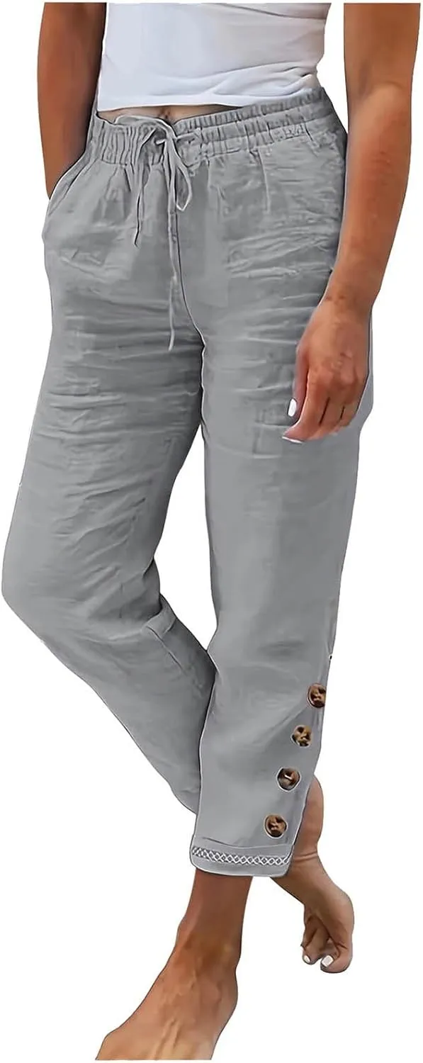 Womens Causal Loose Linen Pants Drawstring Elastic Waist Tapered Pants Button Solid Casual Trousers with Pockets