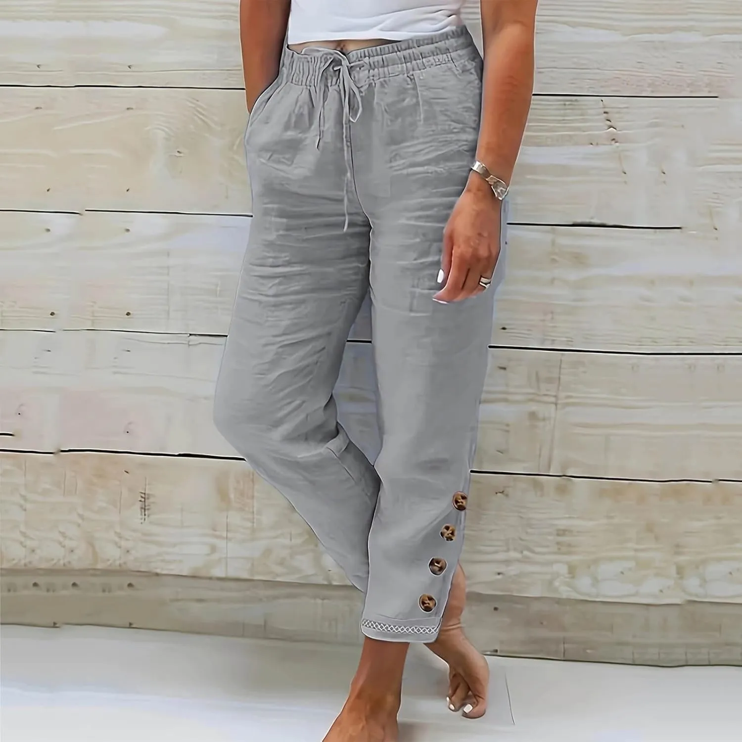 Womens Causal Loose Linen Pants Drawstring Elastic Waist Tapered Pants Button Solid Casual Trousers with Pockets