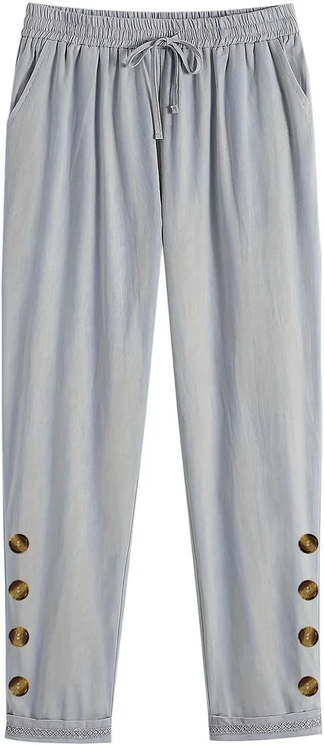 Womens Causal Loose Linen Pants Drawstring Elastic Waist Tapered Pants Button Solid Casual Trousers with Pockets