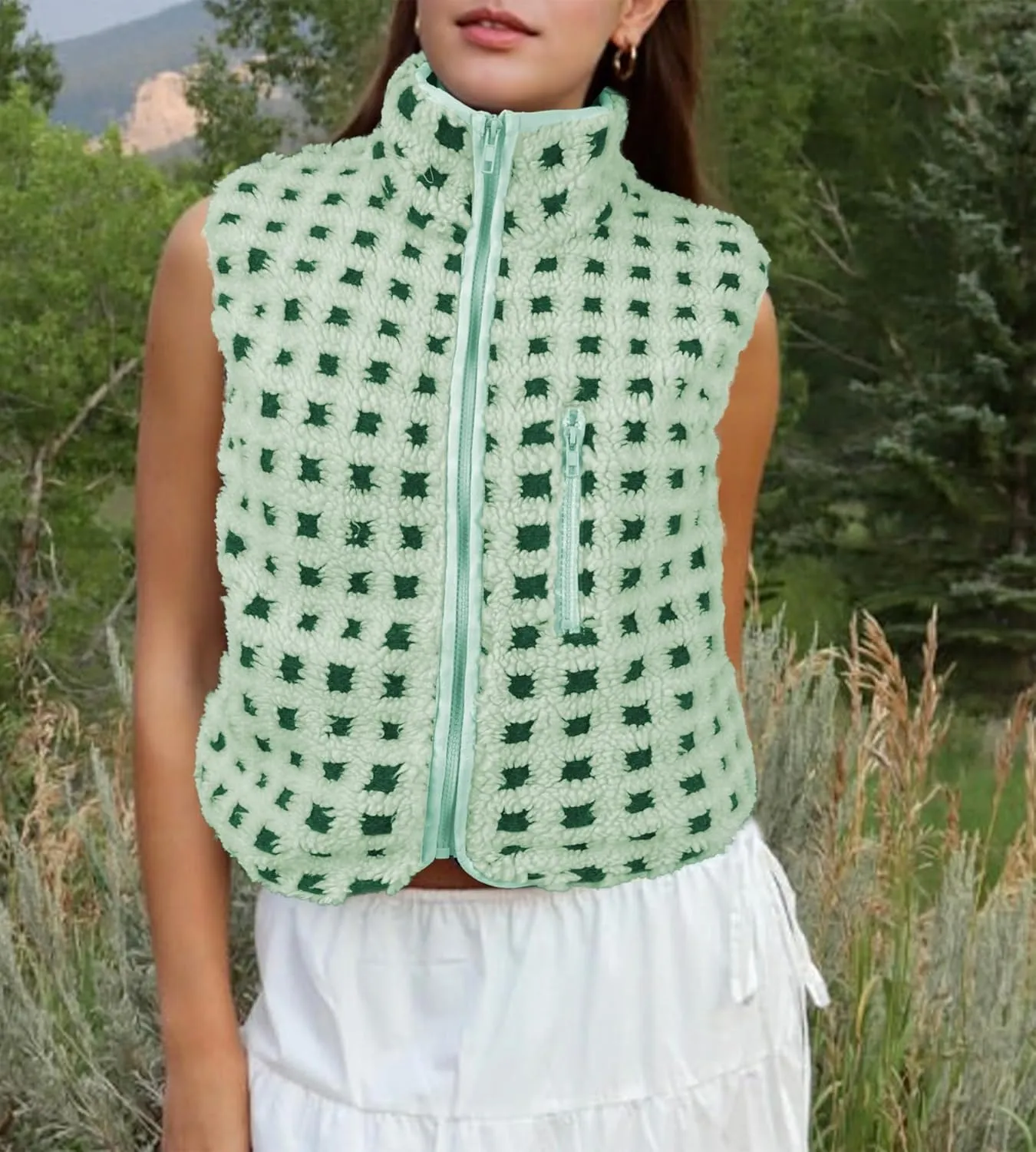 Womens Checkered Sherpa Vest Fleece Jacket Lightweight Zip Up Sleeveless Crochet Plaid Gilet with Pocket