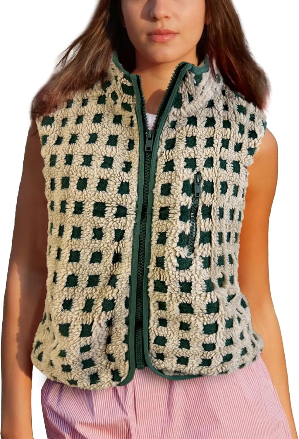 Womens Checkered Sherpa Vest Fleece Jacket Lightweight Zip Up Sleeveless Crochet Plaid Gilet with Pocket