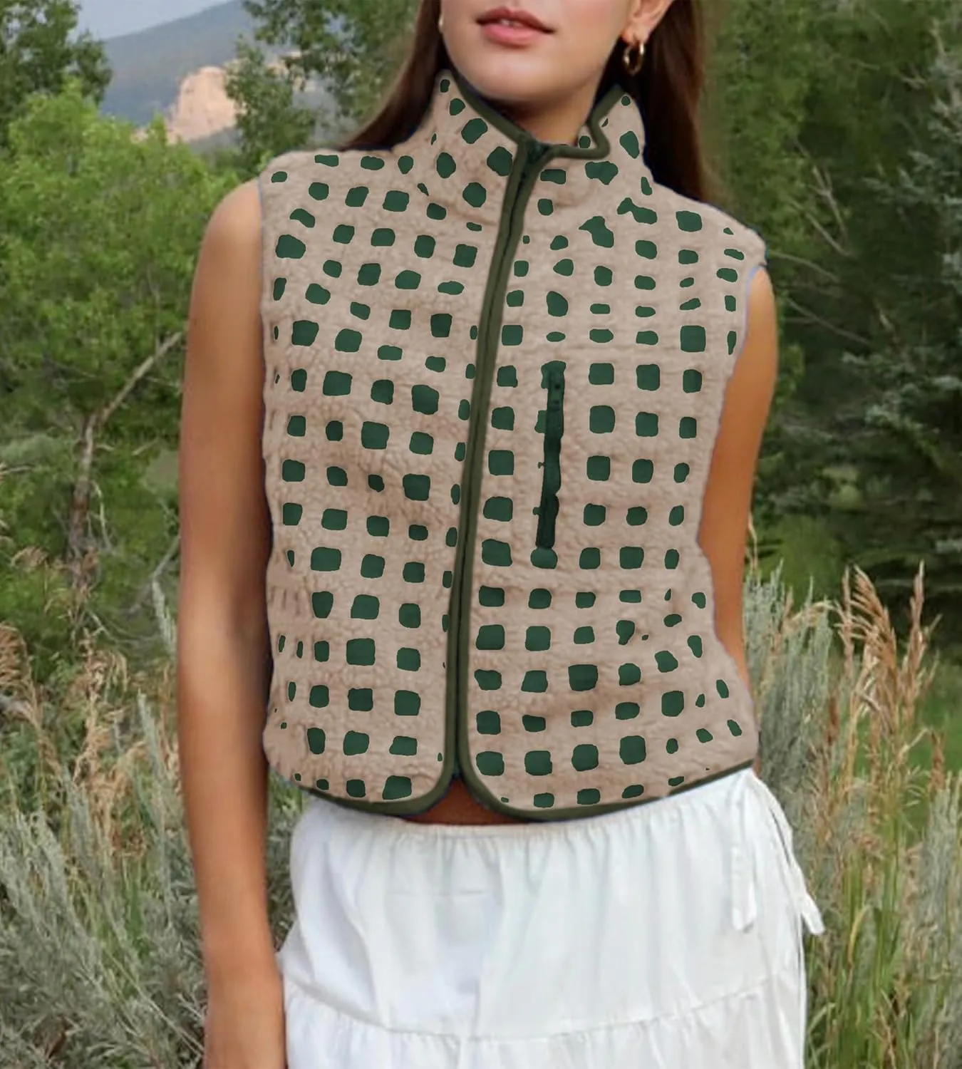 Womens Checkered Sherpa Vest Fleece Jacket Lightweight Zip Up Sleeveless Crochet Plaid Gilet with Pocket