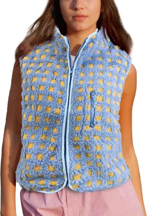 Womens Checkered Sherpa Vest Fleece Jacket Lightweight Zip Up Sleeveless Crochet Plaid Gilet with Pocket