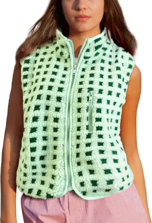 Womens Checkered Sherpa Vest Fleece Jacket Lightweight Zip Up Sleeveless Crochet Plaid Gilet with Pocket
