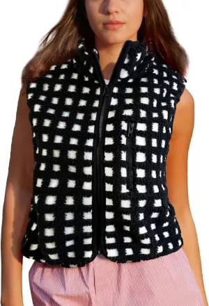 Womens Checkered Sherpa Vest Fleece Jacket Lightweight Zip Up Sleeveless Crochet Plaid Gilet with Pocket