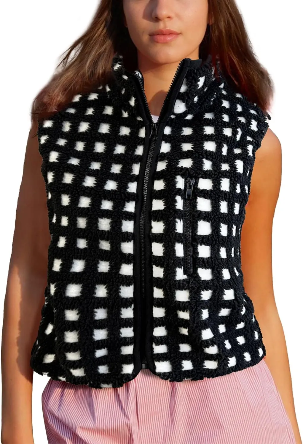 Womens Checkered Sherpa Vest Fleece Jacket Lightweight Zip Up Sleeveless Crochet Plaid Gilet with Pocket