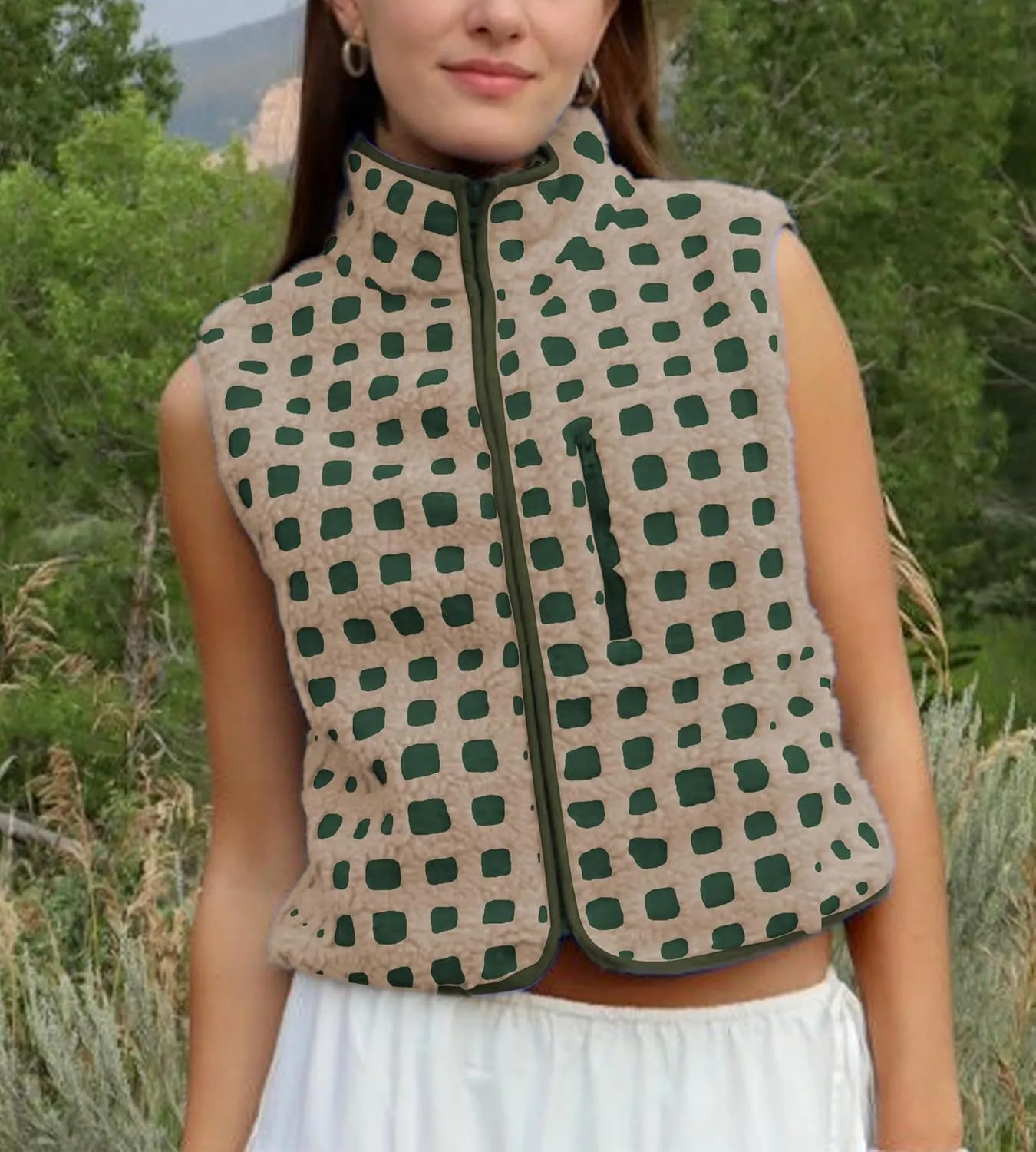 Womens Checkered Sherpa Vest Fleece Jacket Lightweight Zip Up Sleeveless Crochet Plaid Gilet with Pocket