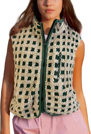 Womens Checkered Sherpa Vest Fleece Jacket Lightweight Zip Up Sleeveless Crochet Plaid Gilet with Pocket