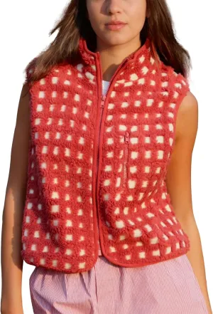Womens Checkered Sherpa Vest Fleece Jacket Lightweight Zip Up Sleeveless Crochet Plaid Gilet with Pocket