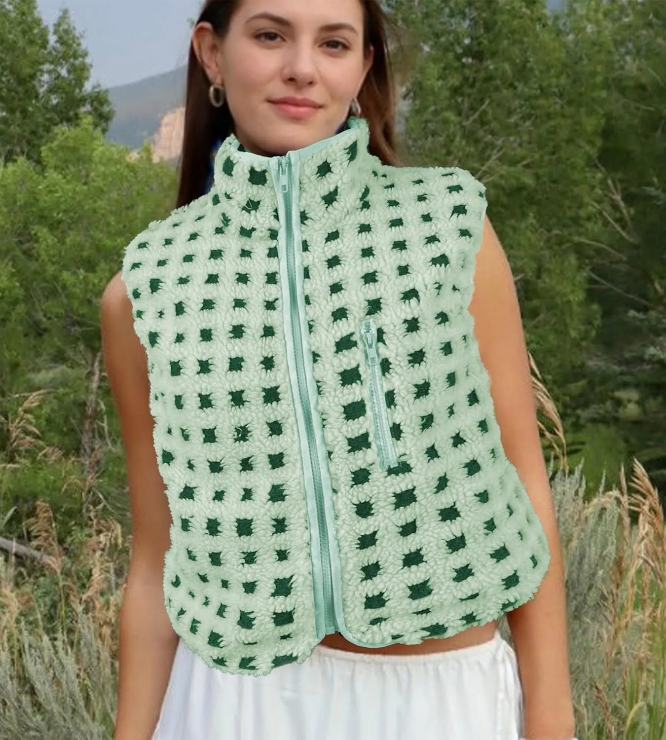 Womens Checkered Sherpa Vest Fleece Jacket Lightweight Zip Up Sleeveless Crochet Plaid Gilet with Pocket
