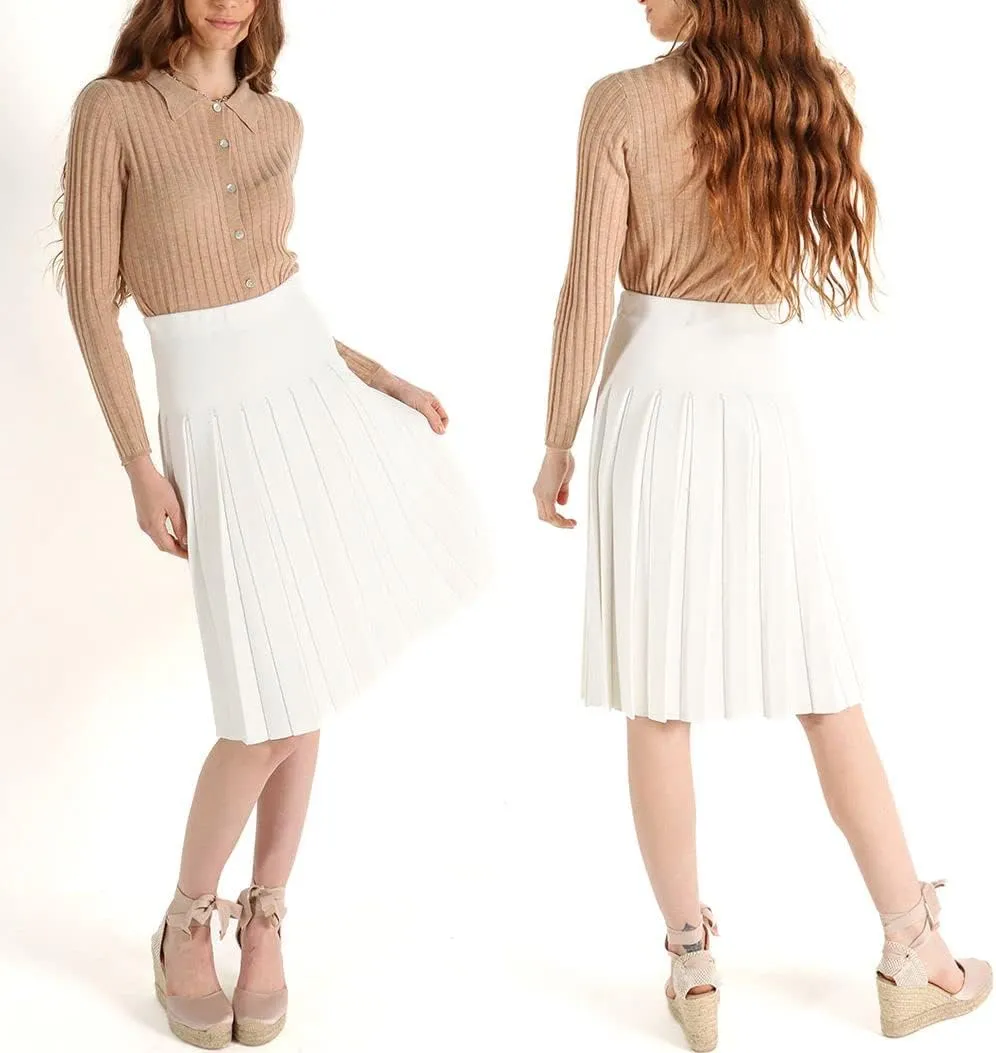 Womens Cotton Pleated Knee Length Skirt- Elastic Waist Office Pleated Skirt