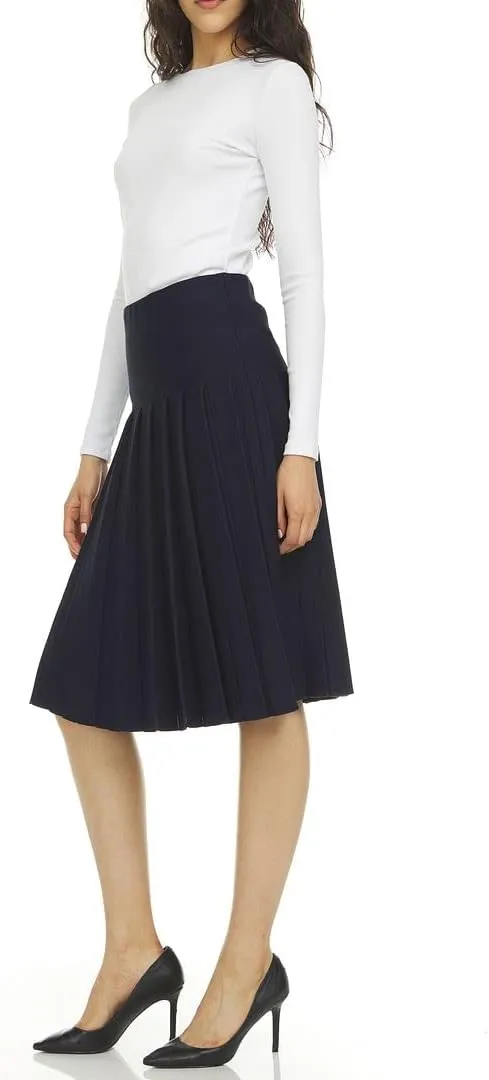 Womens Cotton Pleated Knee Length Skirt- Elastic Waist Office Pleated Skirt