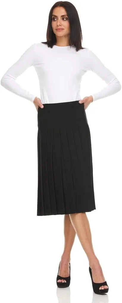 Womens Cotton Pleated Knee Length Skirt- Elastic Waist Office Pleated Skirt