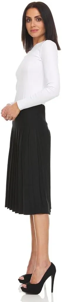 Womens Cotton Pleated Knee Length Skirt- Elastic Waist Office Pleated Skirt