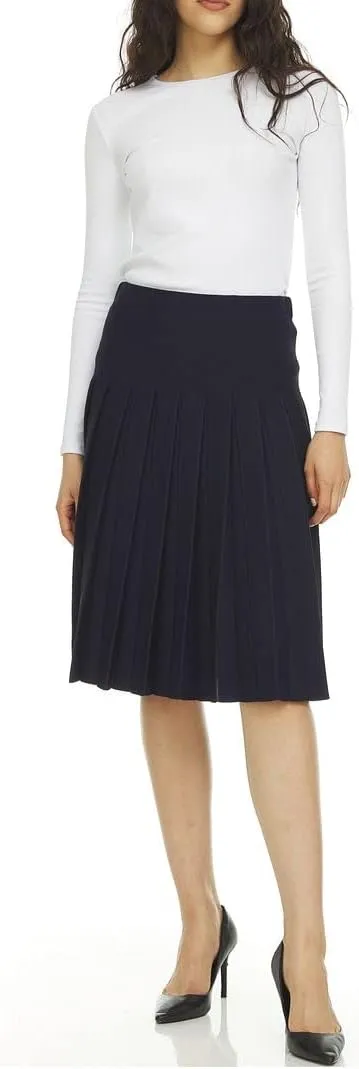 Womens Cotton Pleated Knee Length Skirt- Elastic Waist Office Pleated Skirt