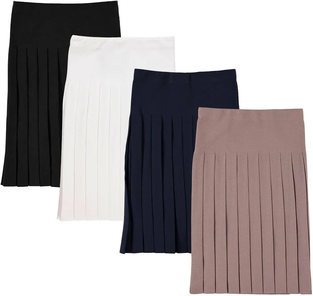 Womens Cotton Pleated Knee Length Skirt- Elastic Waist Office Pleated Skirt
