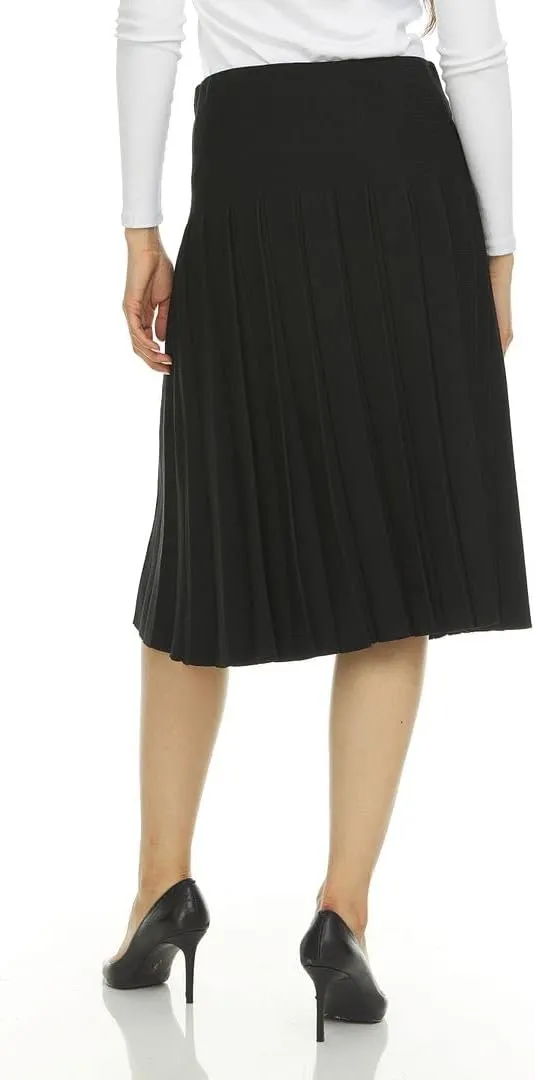 Womens Cotton Pleated Knee Length Skirt- Elastic Waist Office Pleated Skirt