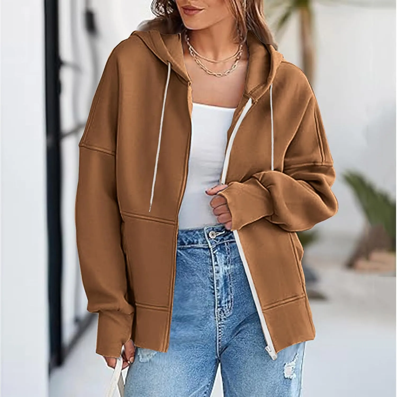 Women's Fashion Oversized Hoodie Long Sleeve Fleece Sweatshirt Full Zip Thumb Hole Pullover Pocket Casual Coat Tops