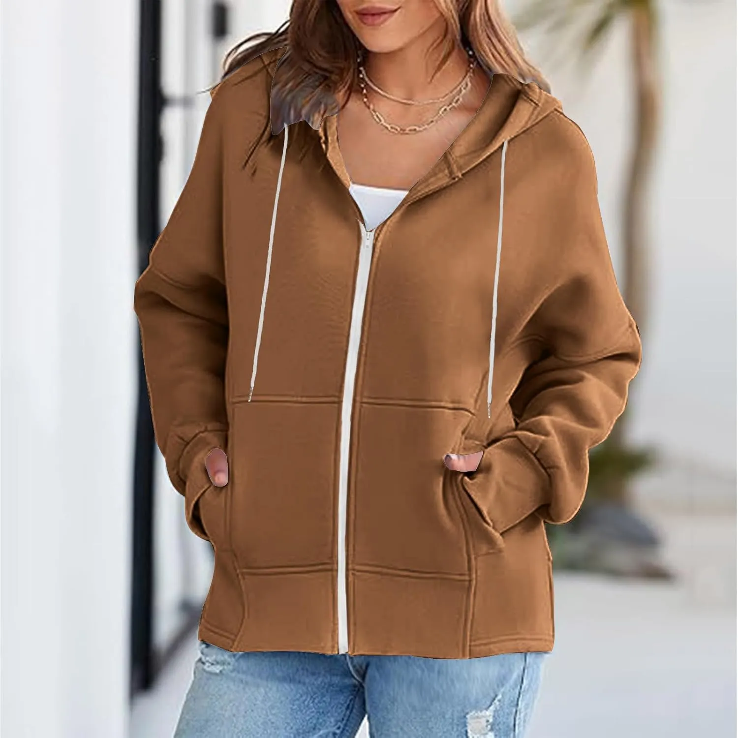 Women's Fashion Oversized Hoodie Long Sleeve Fleece Sweatshirt Full Zip Thumb Hole Pullover Pocket Casual Coat Tops